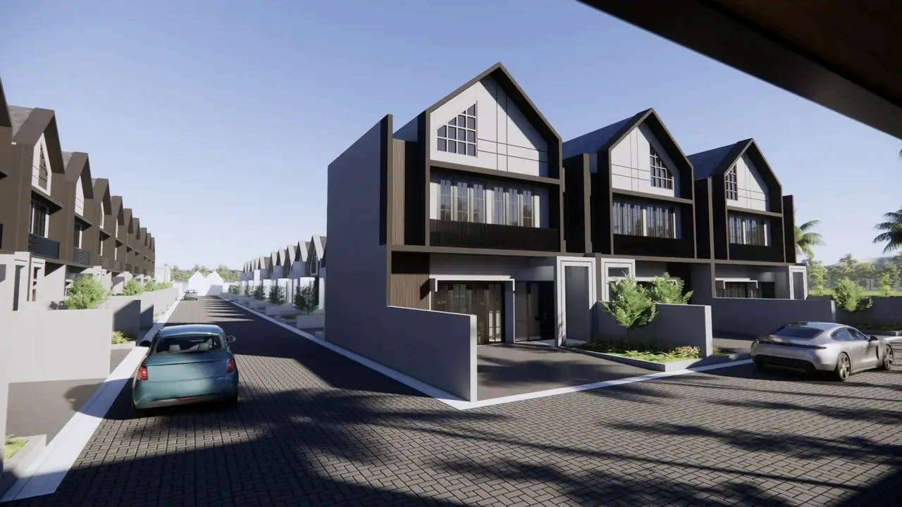 Jalan paving di antara rumah komersil